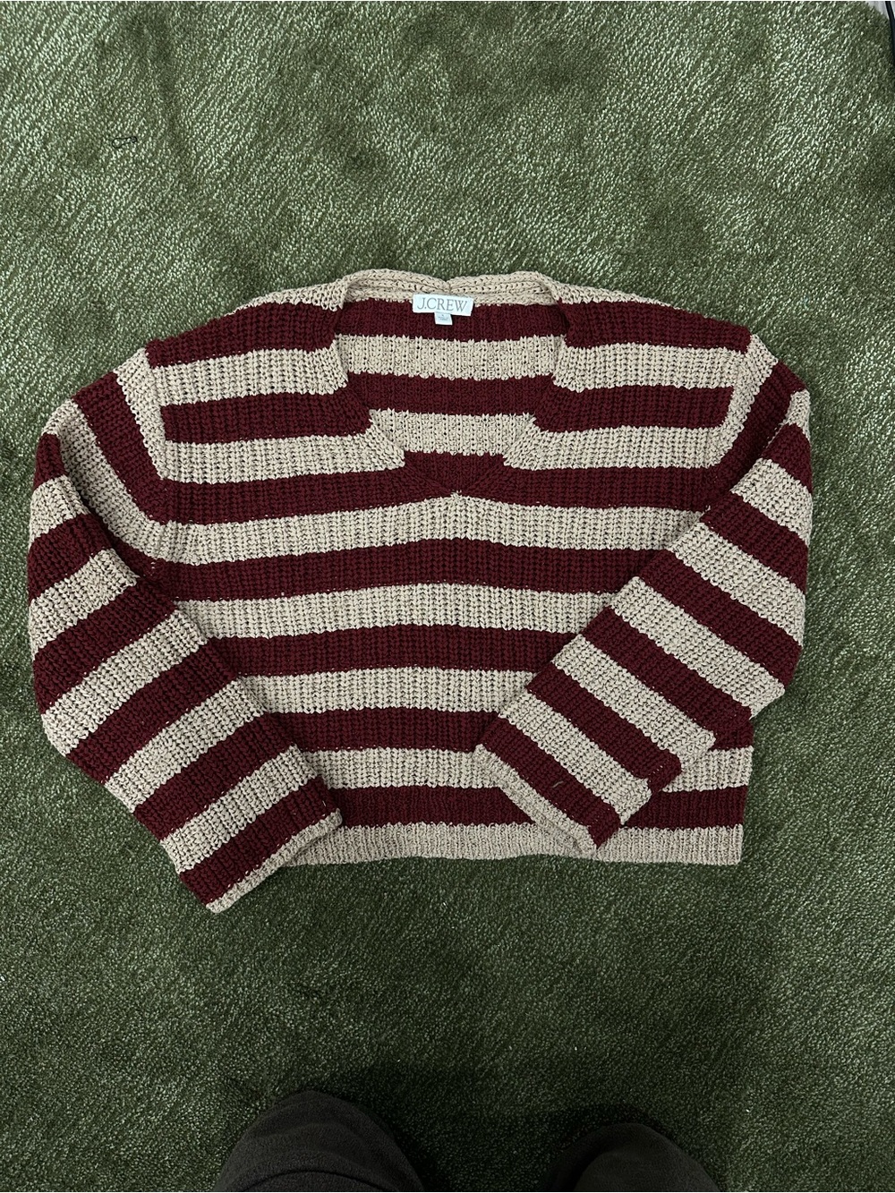 J. Crew Burgundy and Beige Striped V-Neck Sweater